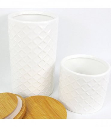 Set of Two Ceramic Jars Embossed Cream Canisters with Lids