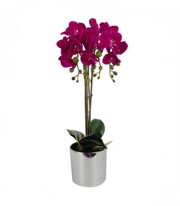 Artificial Orchid Large - Dark Pink / Silver 52cm Real Touch Flowers Silver Pot