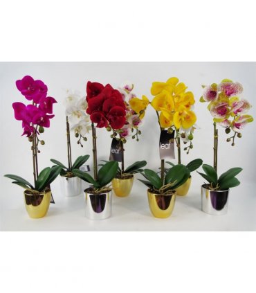 Artificial Orchid Large - Dark Pink / Silver 52cm Real Touch Flowers Silver Pot