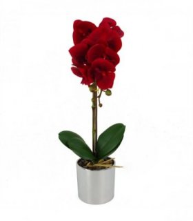 46cm Artificial Orchid Red with Silver Pot