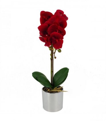 46cm Artificial Orchid Red with Silver Pot