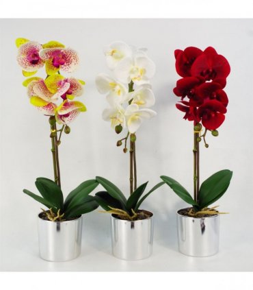 46cm Artificial Orchid Red with Silver Pot