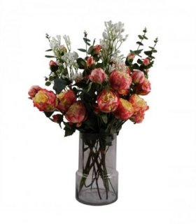 60cm Smoke Grey Vase Pink Peonies and Artificial Eucalyptus