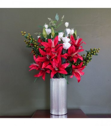 80cm Artificial Red Lily Arrangement Silver Glass Vase