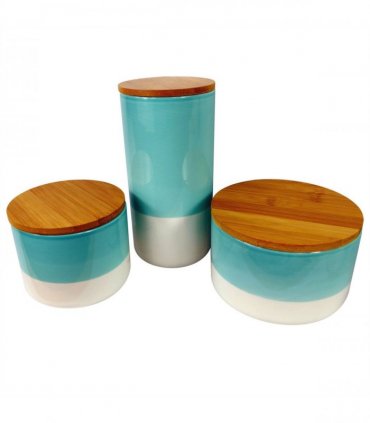 Ceramic Cream Green Storage Canisters Set of 3 with Bamboo Lids 10cm 9cm 20cm