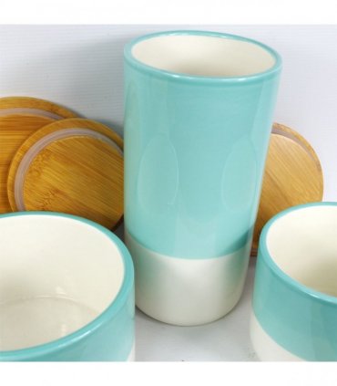 Ceramic Cream Green Storage Canisters Set of 3 with Bamboo Lids 10cm 9cm 20cm
