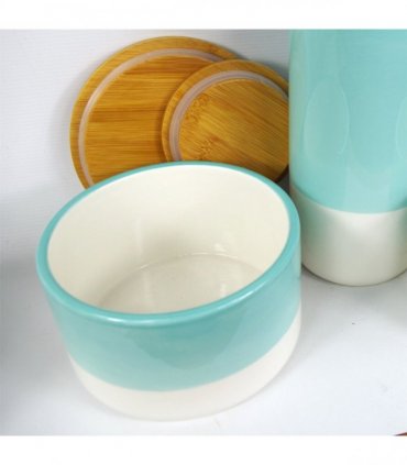 Ceramic Cream Green Storage Canisters Set of 3 with Bamboo Lids 10cm 9cm 20cm