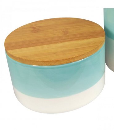 Ceramic Cream Green Storage Canisters Set of 3 with Bamboo Lids 10cm 9cm 20cm