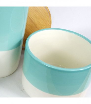 Ceramic Cream Green Storage Canisters Set of 3 with Bamboo Lids 10cm 9cm 20cm
