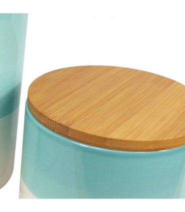 Ceramic Cream Green Storage Canisters Set of 3 with Bamboo Lids 10cm 9cm 20cm