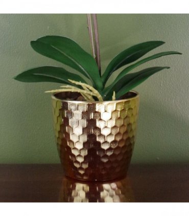 Artificial Orchid Red Leopard Gold Pot Real Touch Leaves 10 Flowers 50cm