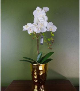 Artificial Orchid Plant - White with Gold Pot - Real Touch Leaves - 10 Flowers