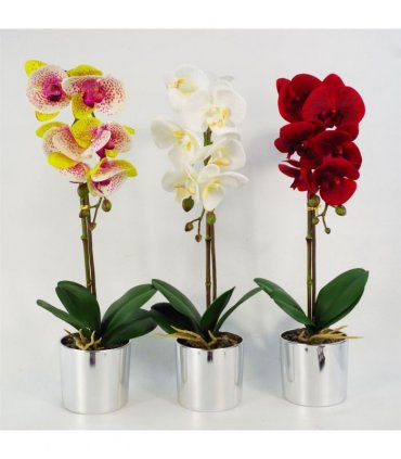 46cm Artificial Orchid Harlequin Pink with Silver Pot