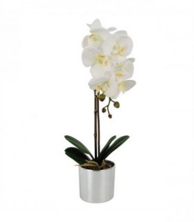 Artificial Orchid White with Silver Pot 46cm Real Touch Leaves 7 Flowers