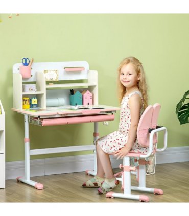 HOMCOM Kids Desk and Chair Set with Storage Shelves, Washable Cover - Pink