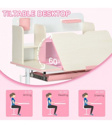 HOMCOM Kids Desk and Chair Set with Storage Shelves, Washable Cover - Pink