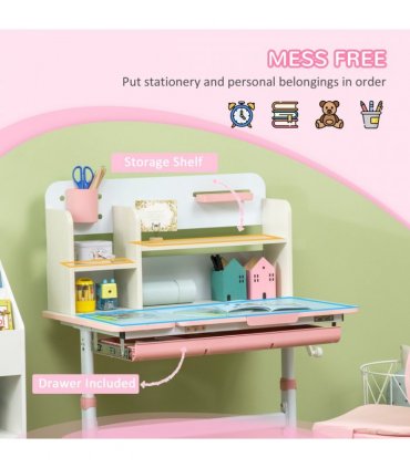 HOMCOM Kids Desk and Chair Set with Storage Shelves, Washable Cover - Pink