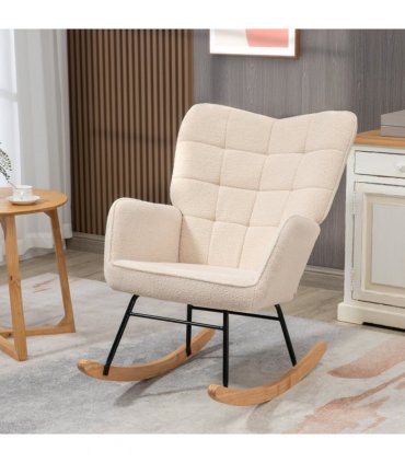 HOMCOM Wingback Rocking Chair for Nursing w/ Steel Frame and Wooden Base Beige