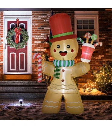 HOMCOM 7.5FT Christmas Inflatables Gingerbread Man with Candy Cane LED Lights