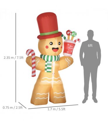 HOMCOM 7.5FT Christmas Inflatables Gingerbread Man with Candy Cane LED Lights