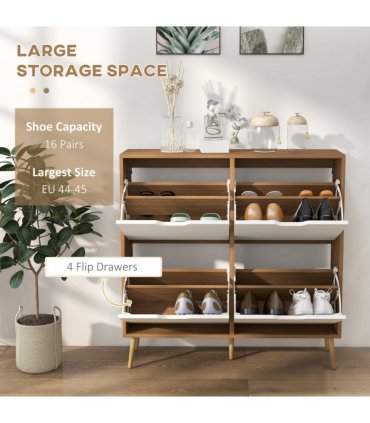 HOMCOM Shoe Storage Cabinet with 4 Flip Drawers for 16 Pairs of Shoes, Natural