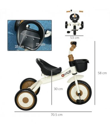 Kids Trike, Tricycle with Adjustable Seat, Basket, Bell for Ages 2-5 Years White