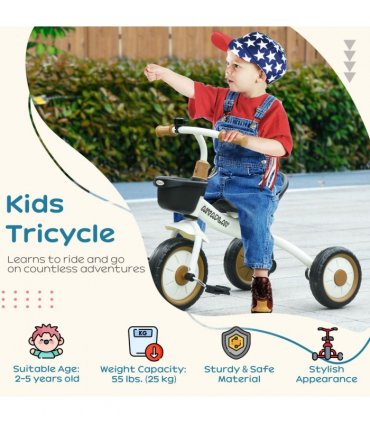 Kids Trike, Tricycle with Adjustable Seat, Basket, Bell for Ages 2-5 Years White