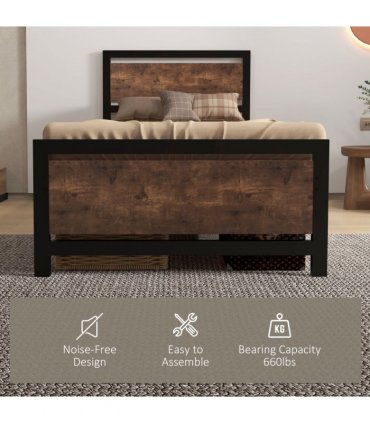HOMCOM Single Size Metal Bed Frame w/ Headboard & Footboard, 97x195x103cm