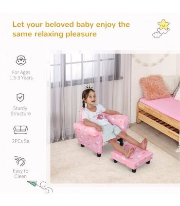 Cute Cloud Star Kids Children Armchair Mini Seat Wood w/ Footrest Padding Pink