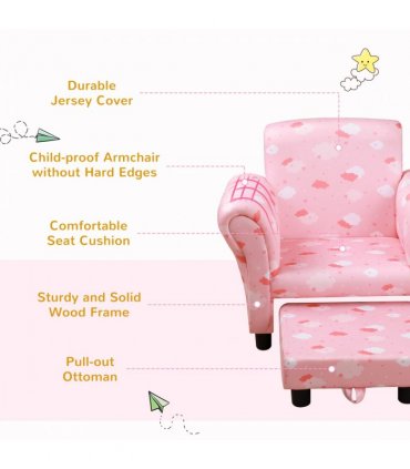 Cute Cloud Star Kids Children Armchair Mini Seat Wood w/ Footrest Padding Pink