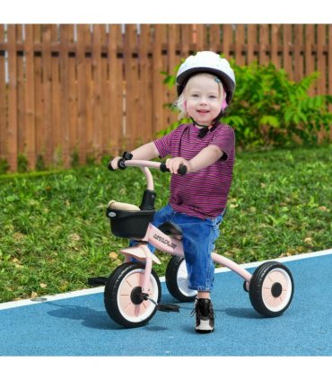 Kids Trike, Tricycle with Adjustable Seat, Basket, Bell for Ages 2-5 Years Pink