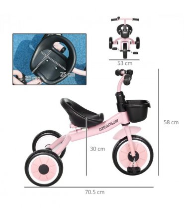 Kids Trike, Tricycle with Adjustable Seat, Basket, Bell for Ages 2-5 Years Pink