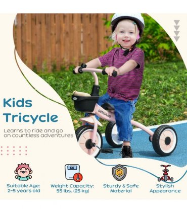 Kids Trike, Tricycle with Adjustable Seat, Basket, Bell for Ages 2-5 Years Pink
