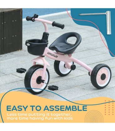 Kids Trike, Tricycle with Adjustable Seat, Basket, Bell for Ages 2-5 Years Pink