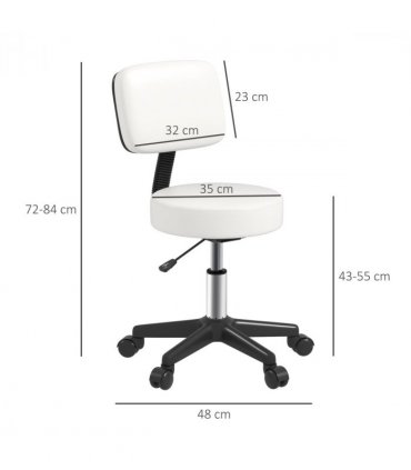 Swivel Salon Chair - Adjustable Height 43-55cm - Padded Seat Back 5 Wheels White