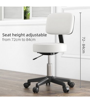 Swivel Salon Chair - Adjustable Height 43-55cm - Padded Seat Back 5 Wheels White