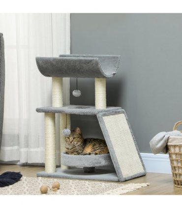 Cat Tree Tower Light Grey Plush 60L x 30W x 76H cm Scratching Posts Pad Toy Ball