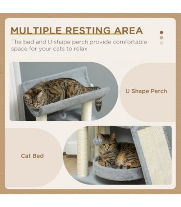 Cat Tree Tower Light Grey Plush 60L x 30W x 76H cm Scratching Posts Pad Toy Ball