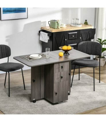 HOMCOM Folding Dining Table, Drop Leaf Table With Storage Drawers Grey