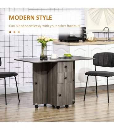 HOMCOM Folding Dining Table, Drop Leaf Table With Storage Drawers Grey