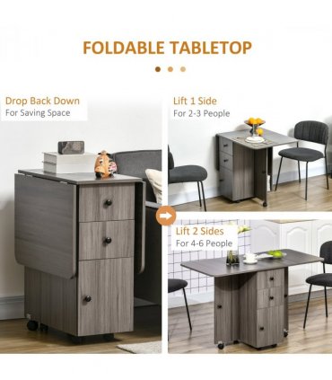 HOMCOM Folding Dining Table, Drop Leaf Table With Storage Drawers Grey