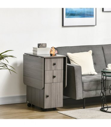 HOMCOM Folding Dining Table, Drop Leaf Table With Storage Drawers Grey