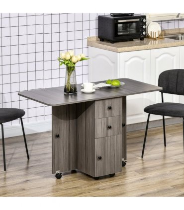 HOMCOM Folding Dining Table, Drop Leaf Table With Storage Drawers Grey