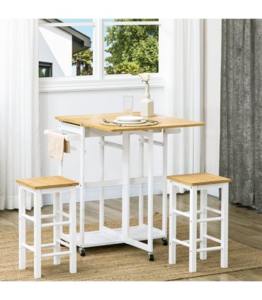 HOMCOM Bamboo Breakfast Cart with Drop Leaf Table and 2 Stools