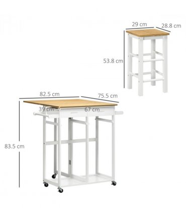 HOMCOM Bamboo Breakfast Cart with Drop Leaf Table and 2 Stools