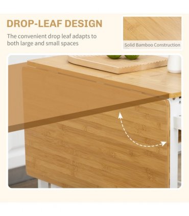 HOMCOM Bamboo Breakfast Cart with Drop Leaf Table and 2 Stools