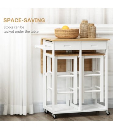 HOMCOM Bamboo Breakfast Cart with Drop Leaf Table and 2 Stools