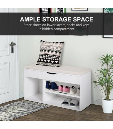 HOMCOM Wooden Shoes Cabinet Bench Hidden Storage Padded Seat Organiser White