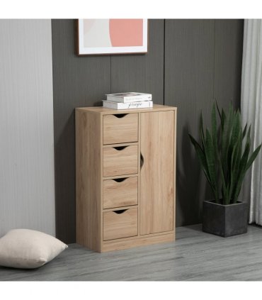 HOMCOM Freestanding Bathroom Cabinet with 4 Drawers and Door Cupboard Natural