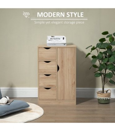 HOMCOM Freestanding Bathroom Cabinet with 4 Drawers and Door Cupboard Natural